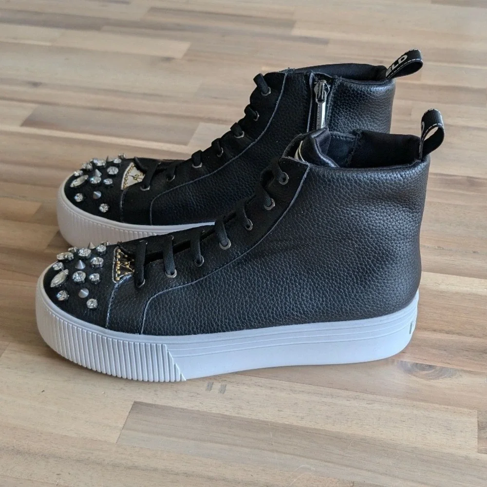 Karl Lagerfeld Paris Womens Embellished High Top Sneakers Leather Platform Sz 7.